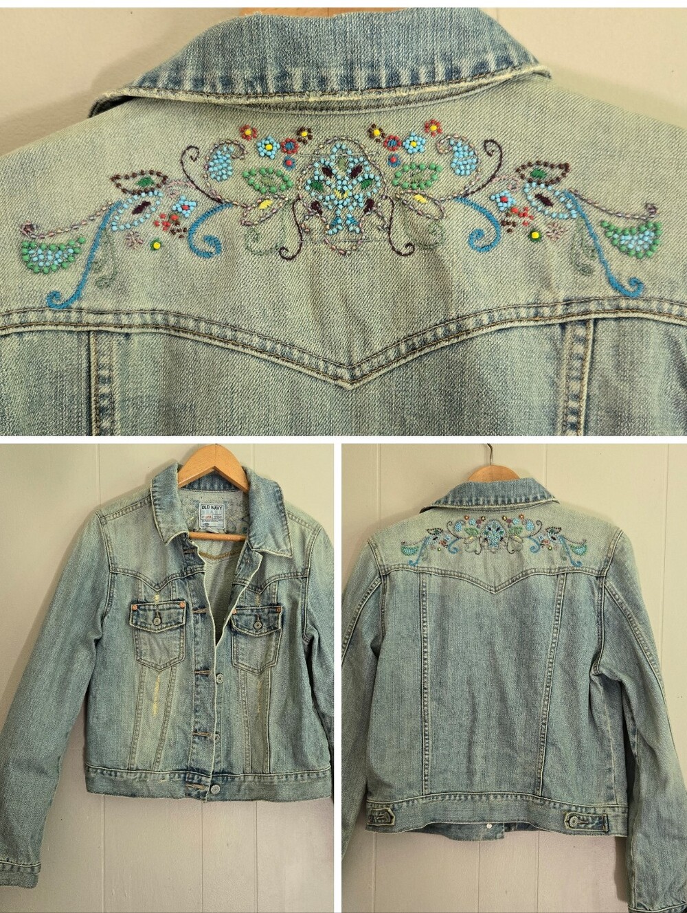 Vintage Y2K Beaded Embroidred Jean Jacket Old Navy Boho Western Coastal Cowgirl